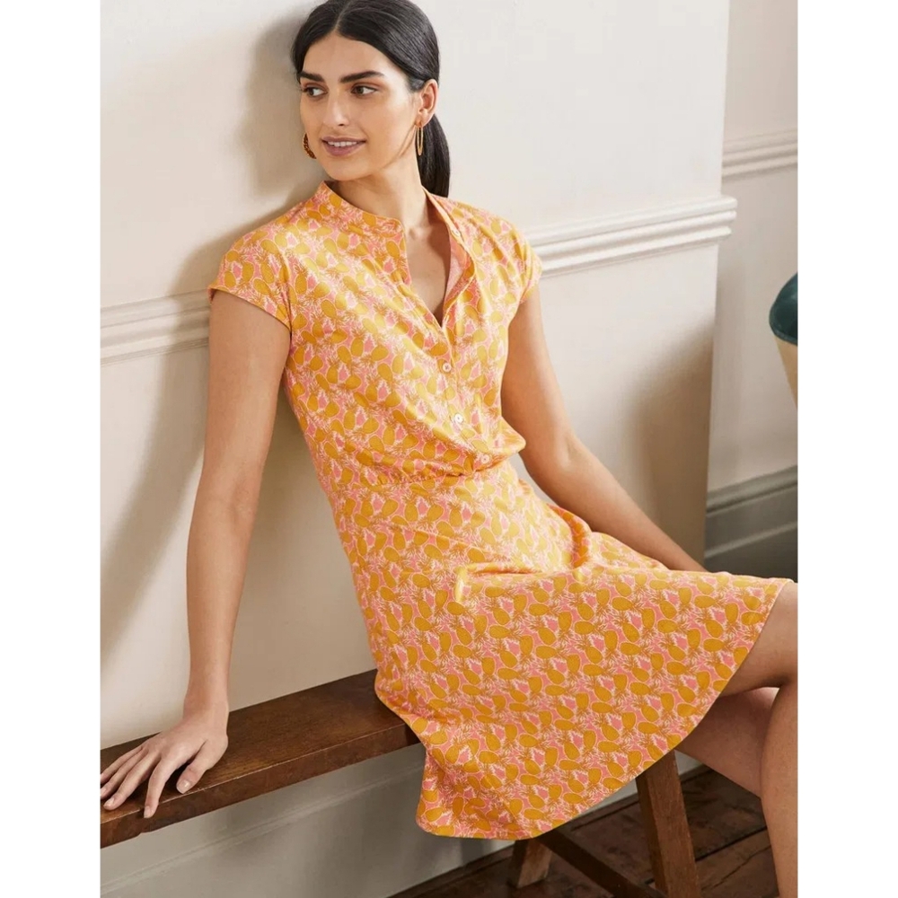Boden Flippy Jersey Dress Pineapple Button Front US 4